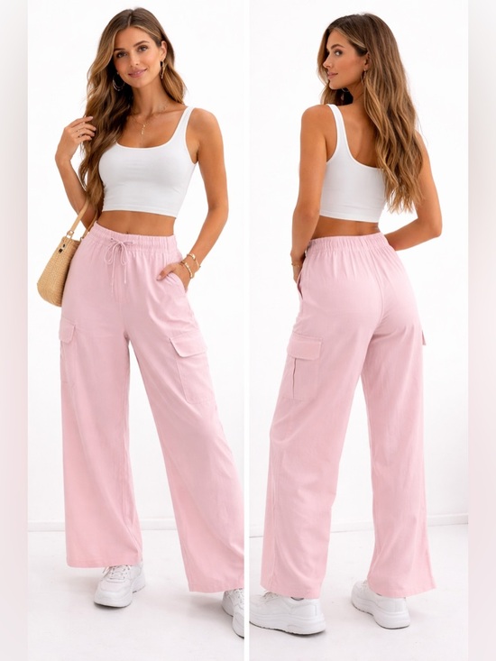 Halara Pink Wide Leg Cargo Pants XS/NWT Drawstring Lightweight Travel Lounge - Picture 2 of 3